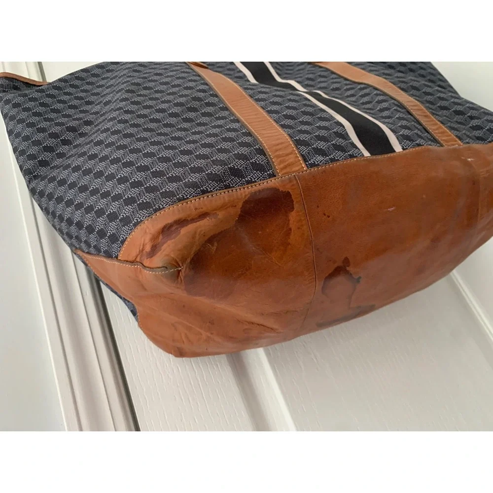 Barrington Geometric Cube Print Canvas Tote Bag Leather Trim Navy Racing Large